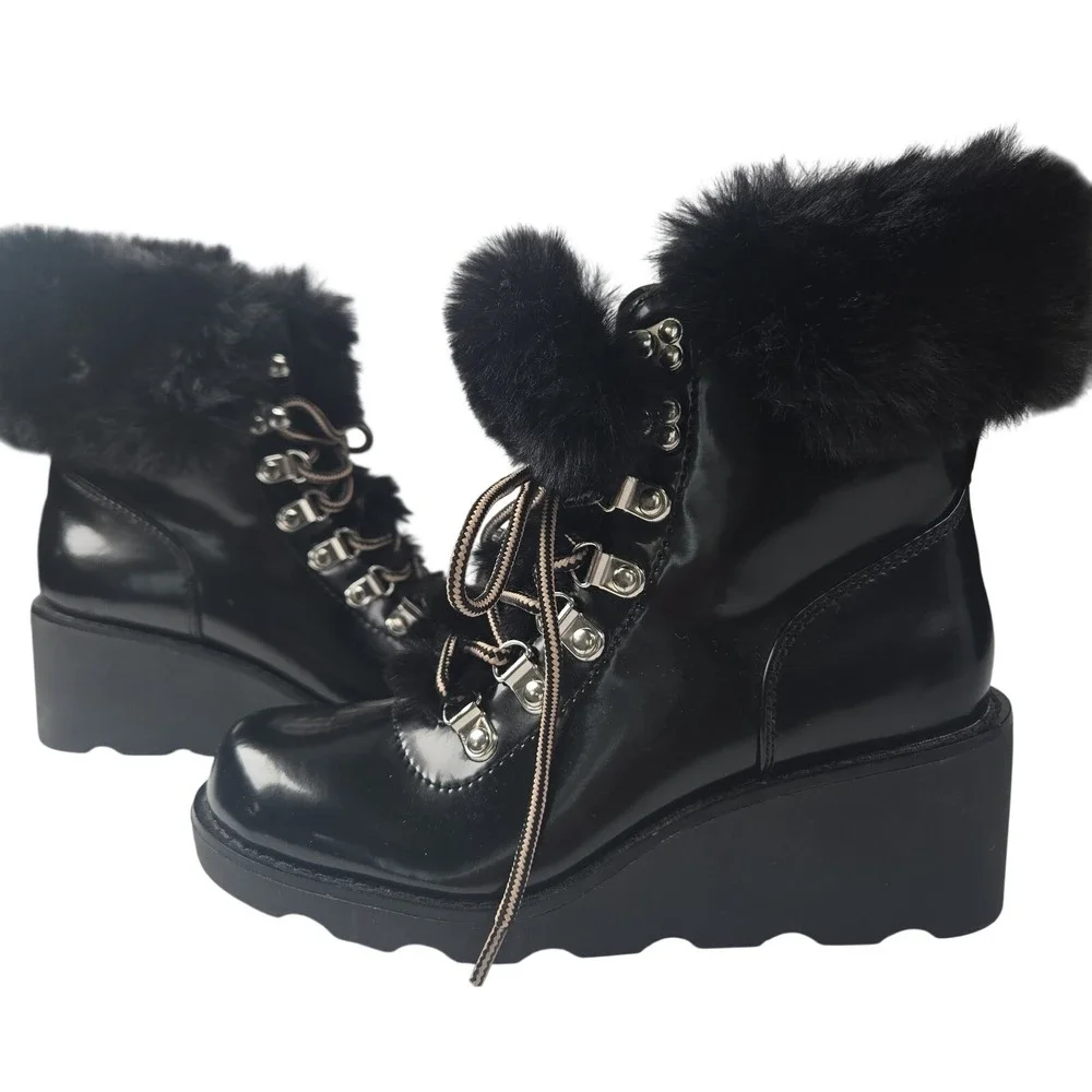 INC Women's 5.5M Hannia Wedge Patent Lace-up Booties Faux Fur Black Boots